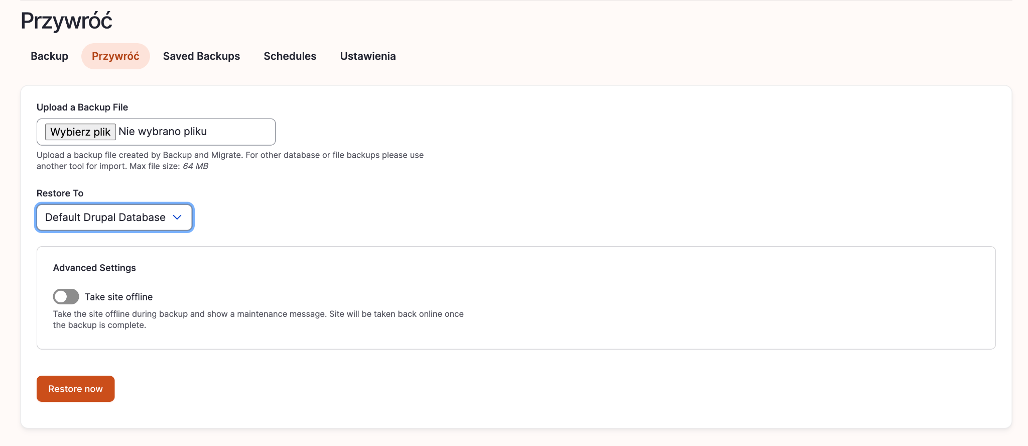Import danych w Backup and Migrate