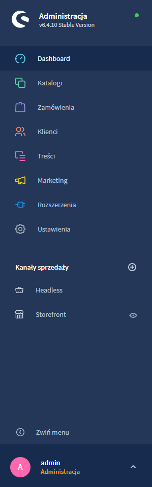 Menu administracyjne Shopware 6