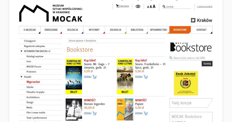 Rozwinięte menu strony Muzeum Sztuki Współczesnej w Krakowie