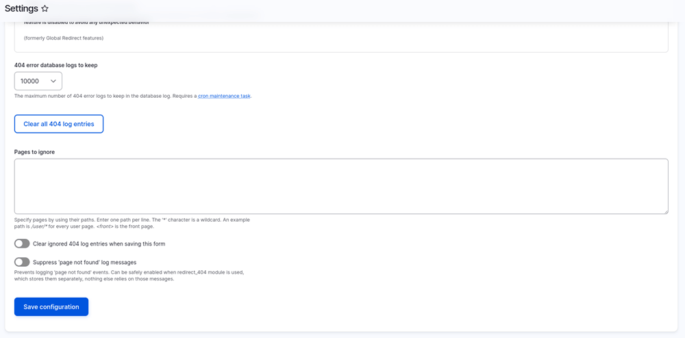 Ustawienia podmodułu Redirect 404