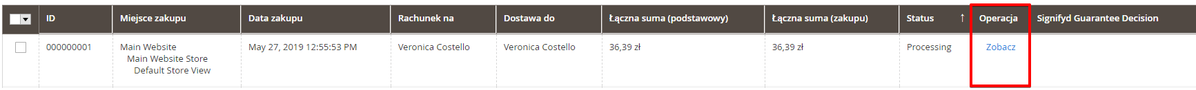 Szczegóły zamówienia w Magento